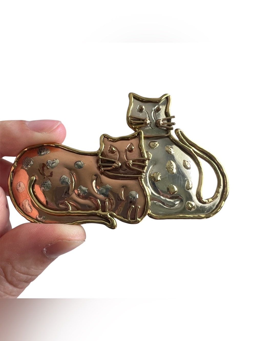 Vintage Artisan Tri Metal Cats Pin Brooch Spotted Feline Copper Silver Pendant